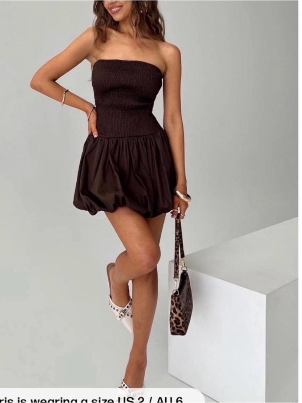 Princess Polly Strapless Smocked Bubble-Hem Mini Dress in Brown